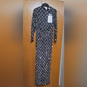 Mac Duggal Long Sleeve Hand Beaded  Floral Maxi Dress
